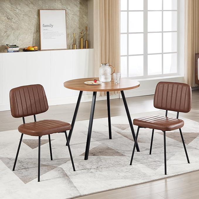 Dining Chairs Set of 2, Faux Leather Upholstered Dining Chairs, Mid Century Modern Kitchen Dining Room Accent Chairs with Curved Backrest and Steel Frame for Living Room, Vanity - Coffee