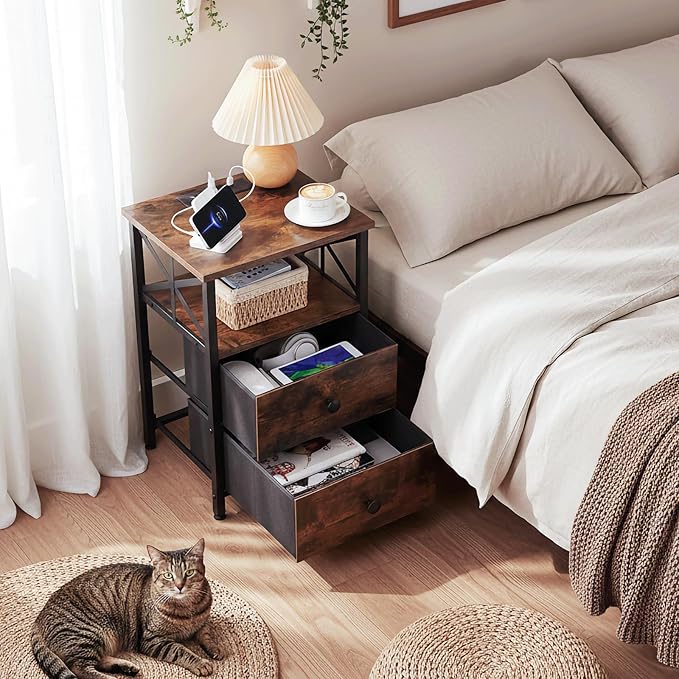 AMHANCIBLE End Table Living Room with Charging Station, Side Table with Fabric Drawer, Small Side Table with USB Ports and Outlets for Small Spaces Rustic Brown and Black HET05XBR1