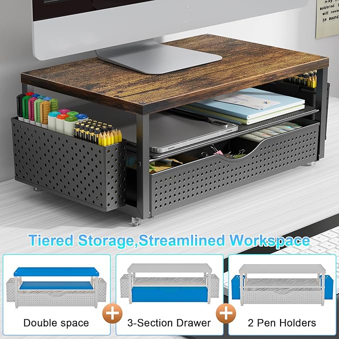 gianotter Wood Monitor Stand Riser, Office Desk Shelf Organizer, Desk Organizer with Drawer and Pen Holder, 2-Tier Computer Stand, Office Organization (Wood)