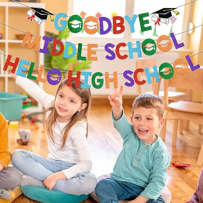 Goodbye Middle Hello High School Banner 8th Grade Graduation Decorations Graduation Banner Class of 2026 for 8th Grad Graduation Party Decorations Glitter