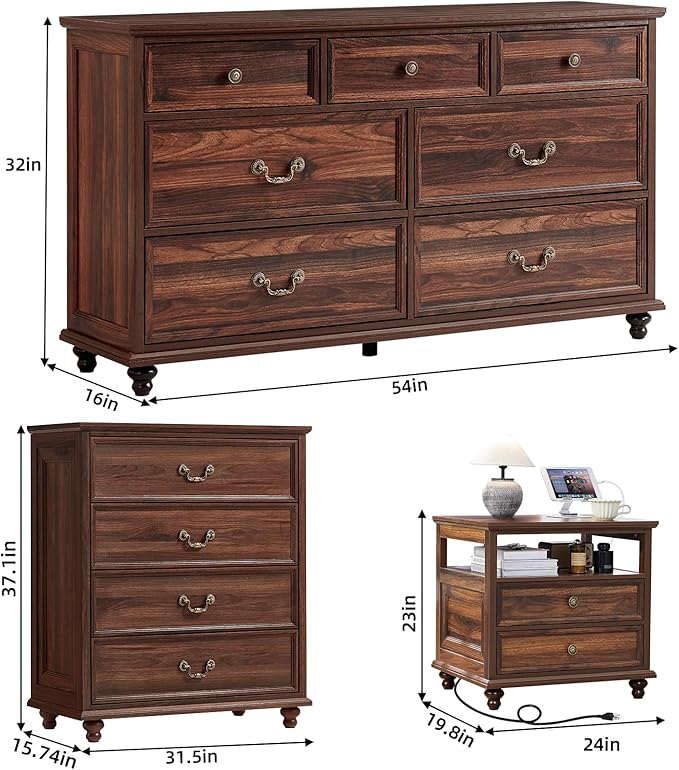 24" Wide Farmhouse Nightstand with Charging Station Set of 2, 37" Tall Rustic Chests of Drawers w/ 4 Solid Wood Feet, Farmhouse Furniture Series for Living Room,Bedroom,Brown
