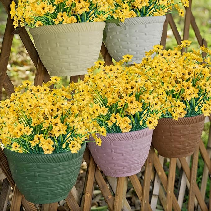 Lnoicy 12 Pcs Artificial Flowers for Outdoor,Plastic Flowers Decoration, UV Resistant Faux Flowers Shrubs, Artificial Plants for Indoor Outside Garden Home Wedding Farmhouse(Yellow)