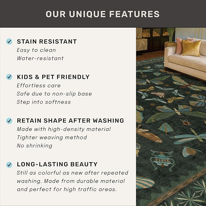 Dark Green Insect Area Rugs 8x10 for Living Room, Dining Room Under Table, Bedroom, Unique Washable Floral Non Slip Low Pile Soft Rug