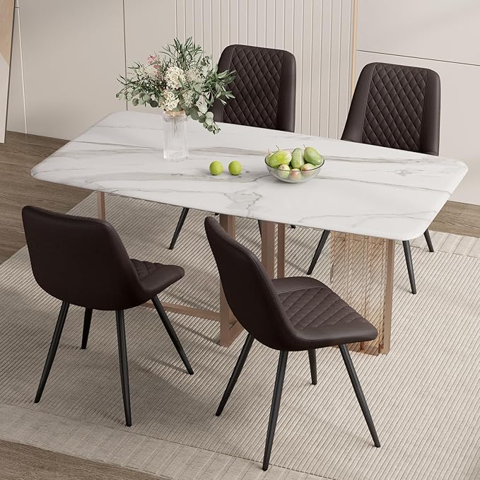 Modern Dining Chairs Set of 4, Quality Faux Leather Upholstered Dining Chairs with Metal Legs, Dinner Chairs for Dinning Room Kitchen,Dark Brown