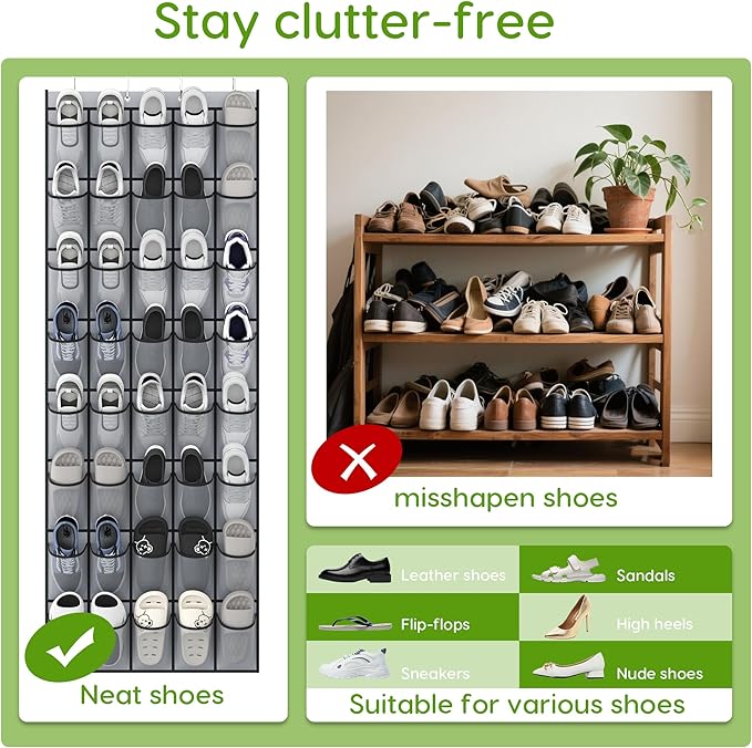 Unjumbly Over the Door Shoe Organizer with 40 Large Breathable Mesh Pockets, Space Saving Shoe Holder, Hanging Shoe Rack for Entryway Bedroom Closet Storage (Grey, 80 Pockets)