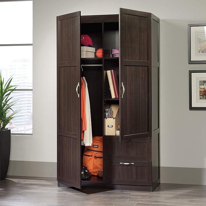 Sauder Select Multipurpose Bedroom Armoire Wardrobe Closet Pantry Storage Cabinet with Storage Drawers and Hanging Rail, in Cinnamon Cherry