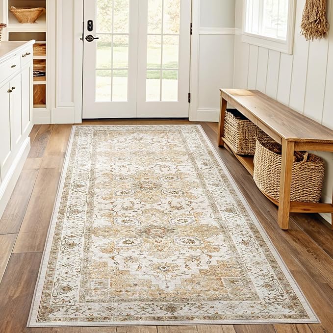 AMADA HOMEFURNISHING 2x5 Washable Runner Rug, Low-Profile Kitchen Rugs with Non-Slip Backing & Durable Edge Binding, Vintage Entryway Runner Rug for Bedroom & Hallway