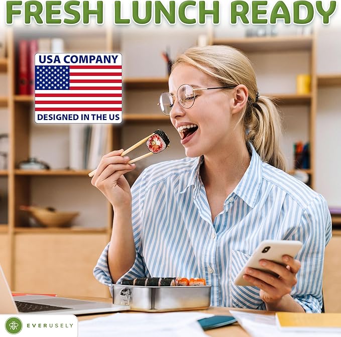 Bento Box - 47 oz - 5 Compartment Bento Box - Metal Lunch Box w/ Lock Clips