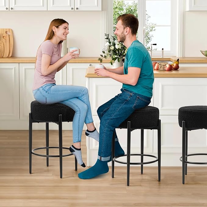 Counter Height Bar Stools, Set of 2, 24" Modern Backless Bar Stools, Ideal for Kitchen Counter, Kitchen Island, Boucle Sherpa Padded Cover, with Round Soft Seat and Foot Rest, Black