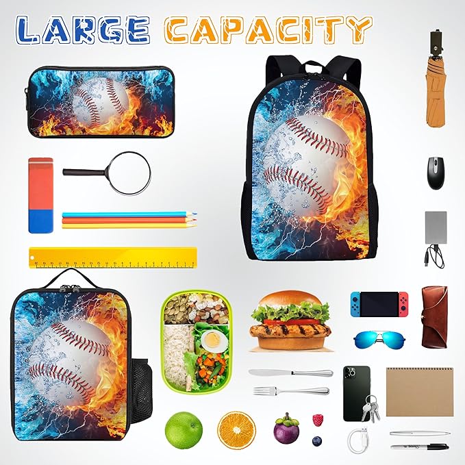 3PCS Baseball Backpack Set for Boys, Lightweight Large Backpack with Lunch Box & Pencil Case, Cool Sport Bookbag for Kids, Back to School Backpacks for Elementary & Middle School - 02