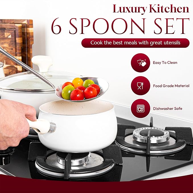 SATTUWARE 6 Pc Stainless Steel Cooking Utensils Set with Ergonomic Handles – Heat Resistant Kitchen Tools Includes Slotted Spatula, Skimmer Ladle, Spatula, Serving Spoon, Pasta Spoon Ideal for Cooking
