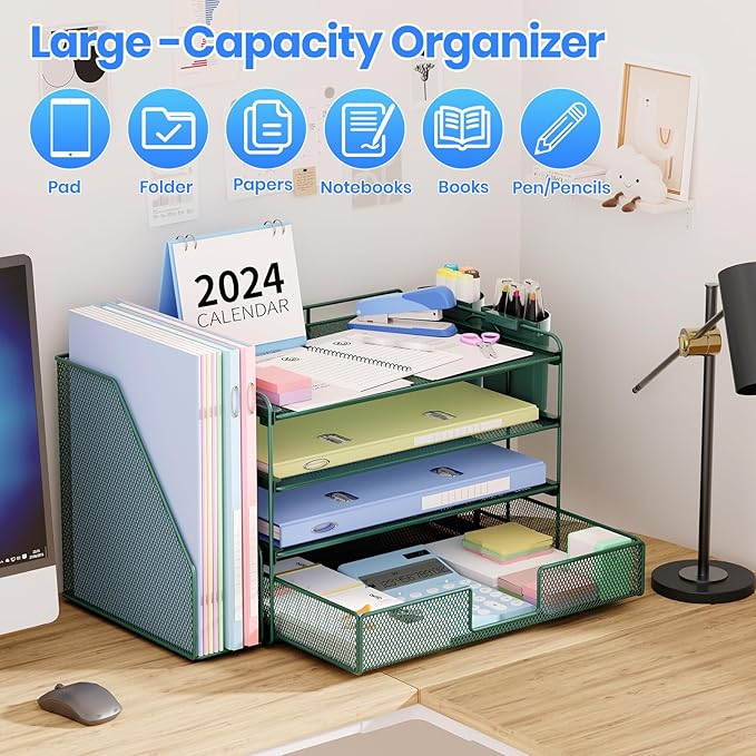Desk Organizer and Accessories, 4-Tier Desktop File Organizer with Drawer and 2 Pen Holders, Office Desk Accessories for Office Supplies(Dark Green)