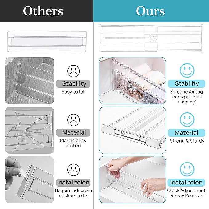 Vtopmart 4 Pack 6" Tall Upgrade Drawer Dividers for Big and Deep Drawer, 12.8"-22.3" Adjustable Expandable Dresser Drawer Organizer, Clear Plastic Separators for Dresser, Baby Supplies, Kitchenware