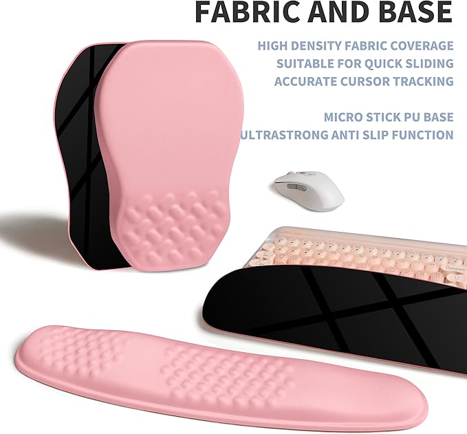 2-in-1 Ergonomic Set, Wave Keyboard Wrist Rest and Massage Slope Mouse Pad Wrist Support, Rebound Memory Foam for Relieve Carpal Tunnel Syndrome and Wrist Pain (Pink)