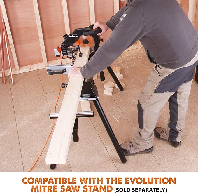 Evolution Power Tools R210CMS Compound Miter Saw, 8-1/4" Multi-Material Cutting TCT Blade Included Cuts Wood Metal Plastic & More, 45° - 45° Degree Miter & 45˚ Degree Bevel Angles, 1200W, 8-1/4"