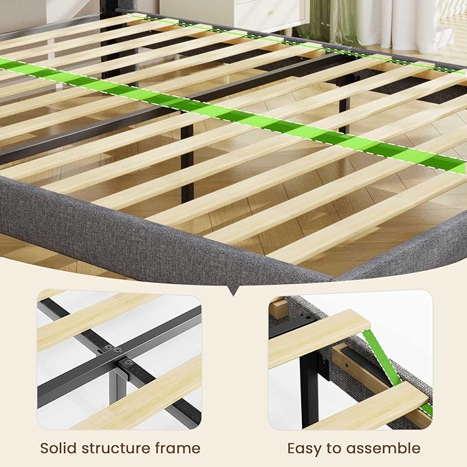 LED Full Size Bed Frame with 2 Storage Drawers, Upholstered Full Bed Frame with Headboard and Charging Station, No Box Spring Needed, Easy to Assembly-Light Grey
