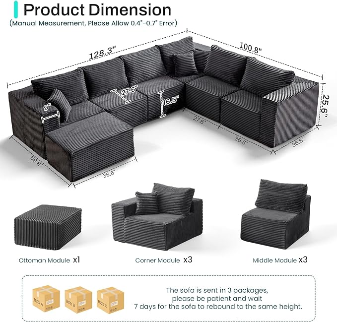 156" U Shaped Cloud Couch Sectional Modular Sofa with Deep Seat, 7 Seater Corduroy Couches, Boneless Couch with Removable Ottoman, Sectional Couches for Living Room, No Assembly Required, Grey