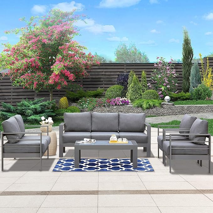 Wisteria Lane Aluminum Outdoor Patio Furniture Set,7 Seats Modern Patio Conversation Sets, Outdoor Sectional Metal Sofa with 5 Inch Cushion and Coffee Table for Balcony, Garden, Dark Grey