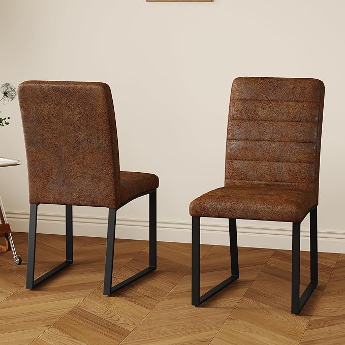Modern Dining Chairs Set of 4, White Faux Leather Kitchen Chairs, Upholstered Armless Dining Room Chair with Gold Mental Legs Heavy Duty, Comfortable (Brown Chiars, Set of 2)