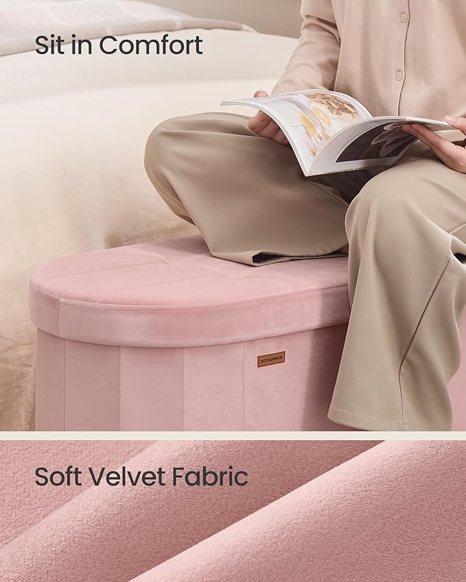 SONGMICS Mazie Collection - Folding Ottoman with Storage, Oval Storage Ottoman Bench, for Living Room, Bedroom, Velvet Fabric, 15 x 30 x 15 Inches, Jelly Pink ULSF267SA01