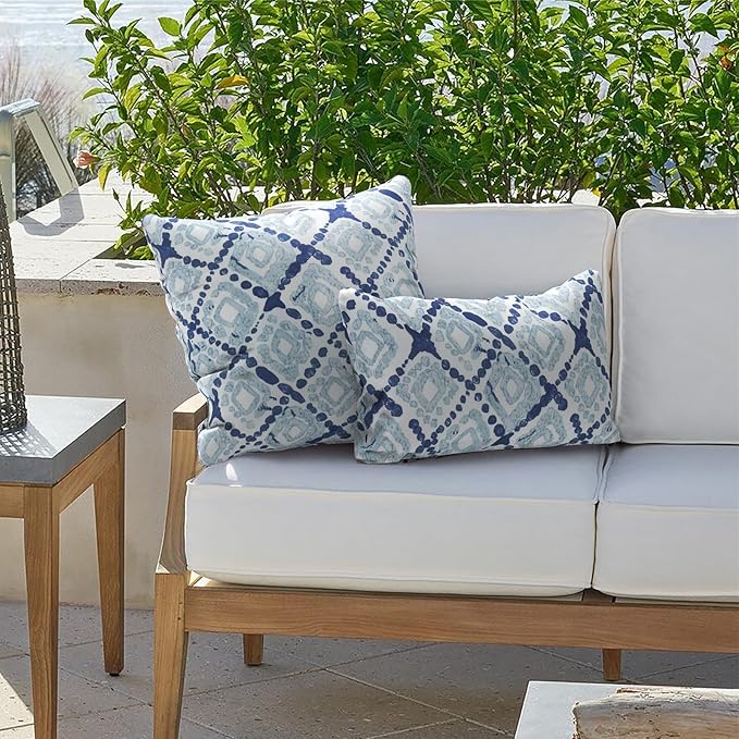 Outdoor Throw Pillow Covers 18”x18”, Decorative Pillow Covers for Patio Furniture, Modern Cushion Cases for Garden Couch Home Sofa Bed Office Chair, Pack of 2, Boho Geometry Blue