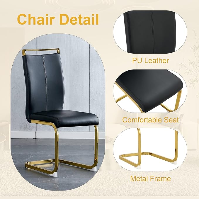 Dining Table Set for 4, Kitchen Table Chairs Set of 4, Modern Dining Room Set with 63 inch Marble Dinner Table PU Leather Upholstered Chairs for Dining Room Kitchen