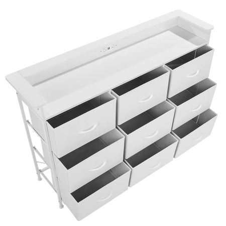 9 Drawer Dresser, Tall Drawer Dresser with Fabric Bin, Closet Storage Drawers with Sturdy Metal Frame, LED Lights & Built-in Outlet, Fabric Storage Tower for Bedroom, Hallway, Closet, White