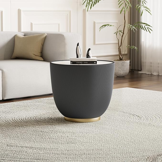 Round Coffee Table Set with Sintered Stone Tabletop, 29.53" Orange Drum Center Table and 19.69" Grey Coffee Table Set, 2 Pieces Living Room Table Set with Fluted PU Leather Cover& Metal Base