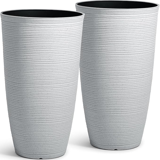 23.5" H Tall Pot Planters, 2-Pack Taper Large Flower Pots for Indoor Outdoor Use, UV-Protect PP Plant Container for Garden Patio Yard Balcony Porch or Home Decor, White Vertical Stripes Texture