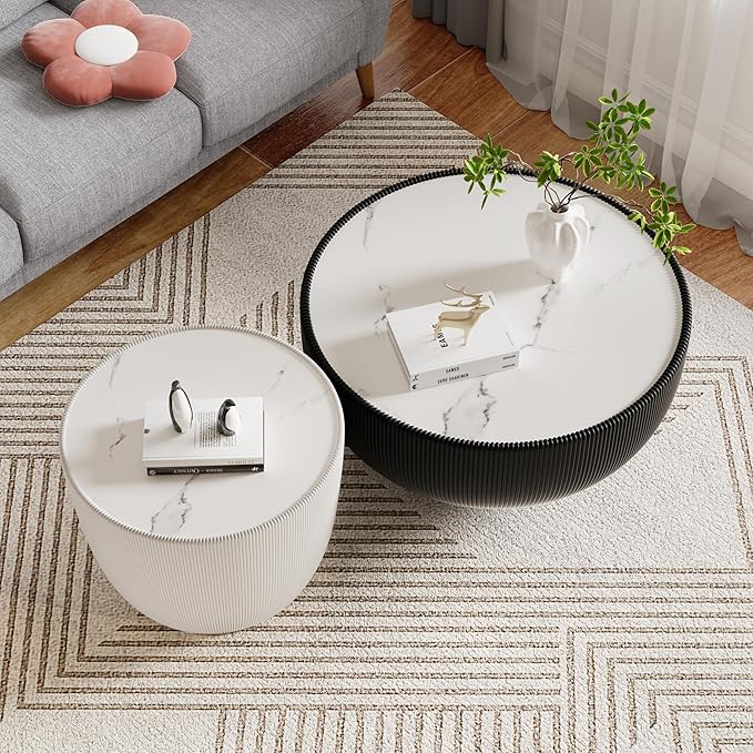White Round Coffee Table with Sintered Stone Tabletop, 19.69 Drum Coffee Table with Fluted PU Leather Covered and Metal Base, Circle Cocktail Tea Table for Living Room