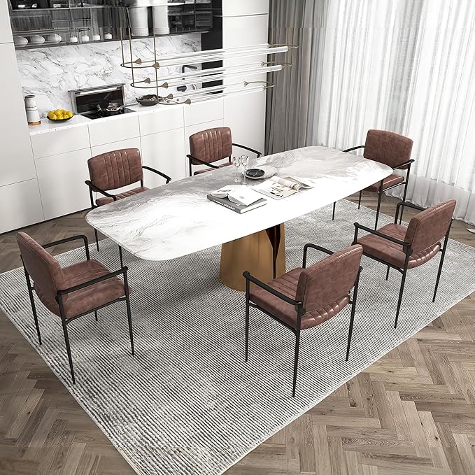 Mid-Century Modern PU Leather Dining Chairs Set of 2, Upholstered Kitchen Chairs with Arms and Metal Legs Adjustable Feet for Kitchen Dining Room(Brown)