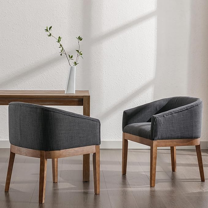 Mid-Century Modern Charcoal Dining Chairs Set of 6, Linen Upholstered Kitchen Dining Room Chairs with Wood Legs, Curved Backrest Armchairs, Charcoal
