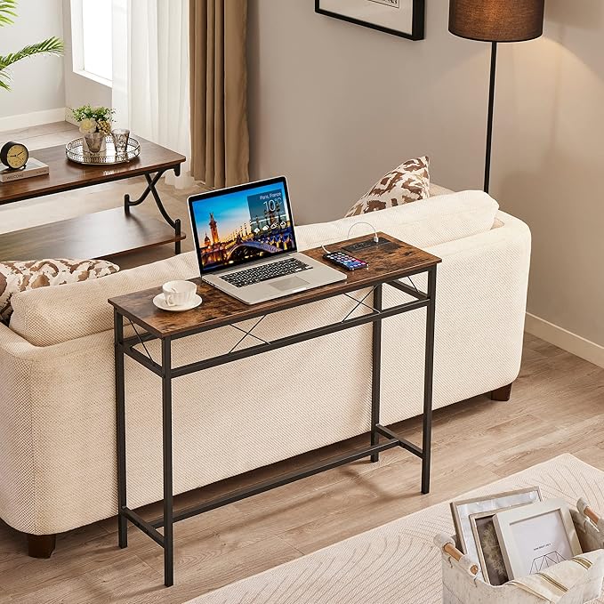 VECELO 39.4In Narrow Sofa/Console Table with Charging Station & Power Outlet and USB Ports, for Entryway, Living Room, Office, Industrial, Metal Frame, Brown