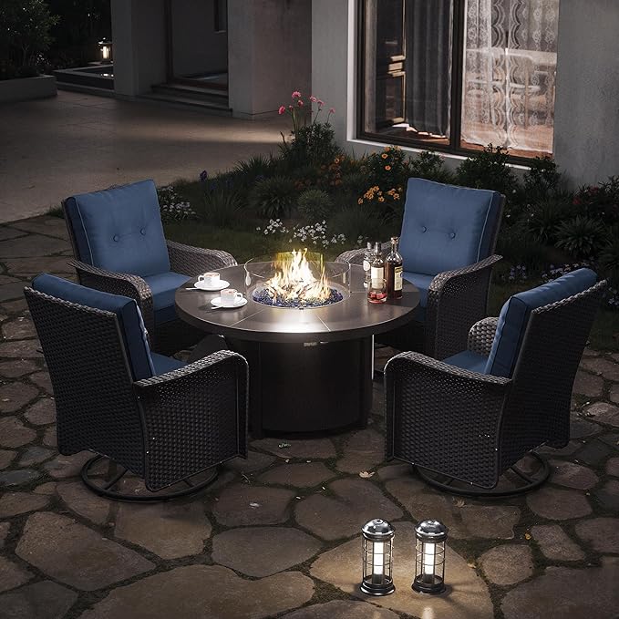 Kurapika 5 Pieces Patio Furniture Set, Rattan Wicker Outdoor Conversation Sets, 4 Woven Rattan Swivel Chairs w/48in Propane Fire Pit Table and Thickened Cushions, Navy Blue
