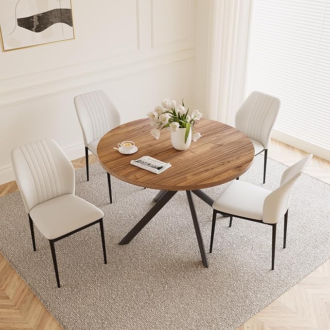 45.3'' Walnut Round Dining Table Set for 4, Mid Century Modern Small Coffee Set for Dining Room Kitchen Apartment (Light Walnut + 4 White Chairs)