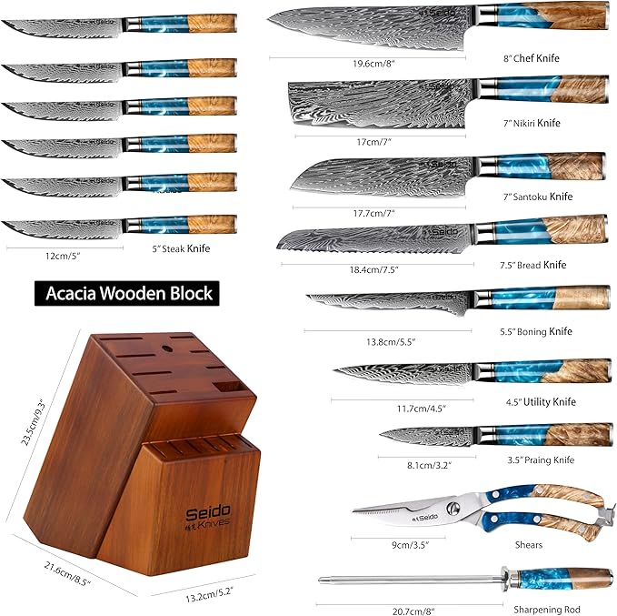 Seido Executive 16-Piece VG-10 Damascus Knife Block Set, Acacia Block
