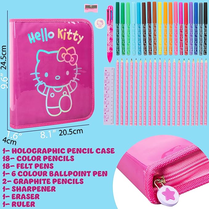 Hello Kitty Sanrio Pencil Case Kids Colored Pencils Markers Kawaii Kuromi Stationery Gifts for Kids (Pink Hello Kitty)