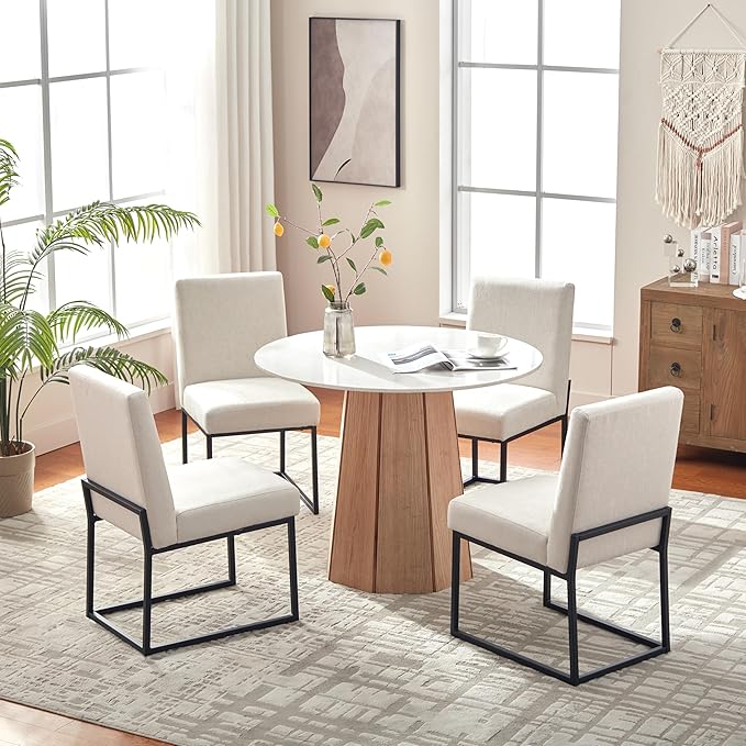 VKNOW Upholstered Dining Chairs Set of 2, Modern Dining Room Chairs, Linen Kitchen Chair Dinner Chair with Black Metal Base for Kitchen Office, Beige-Unstriped