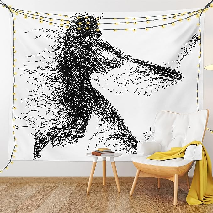 Ambesonne Black and White Tapestry, Abstract Illustration of a Baseball Player Posing Grunge, Fabric Wall Hanging Decor for Bedroom Living Room Dorm, 30" X 45", White Charcoal