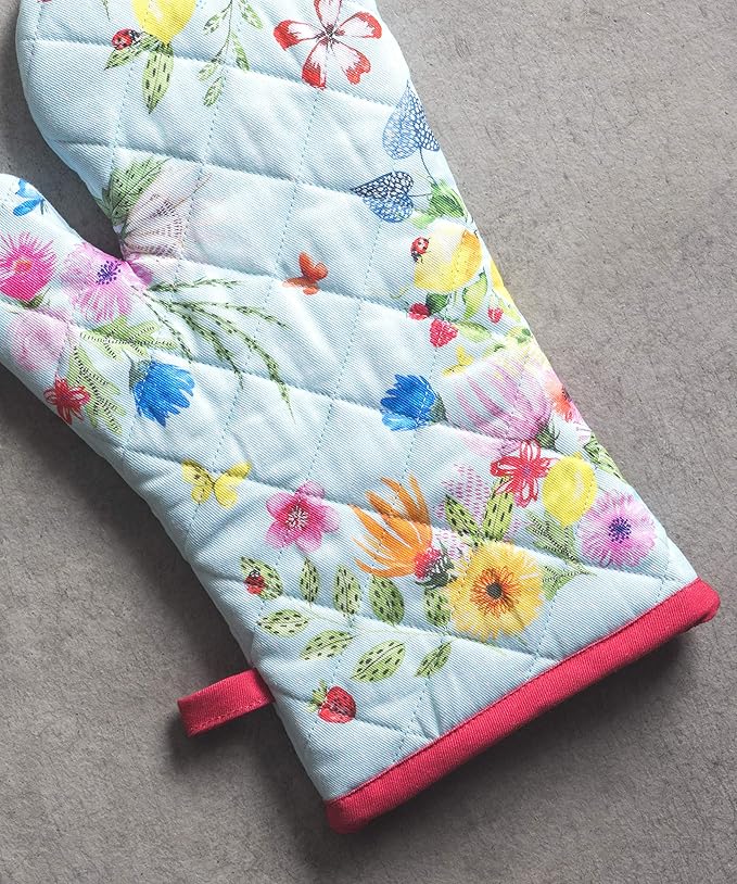 Maison d' Hermine 100% Cotton Oven Mitt & Pot Holder Set (7.5"x13" & 8"x8") Heat Resistant BBQ Cooking Gloves with Loop, Baking, Grilling, Kitchen, Handling Hot Pan Spring/Summer (Jardin D'Ete - Mint)