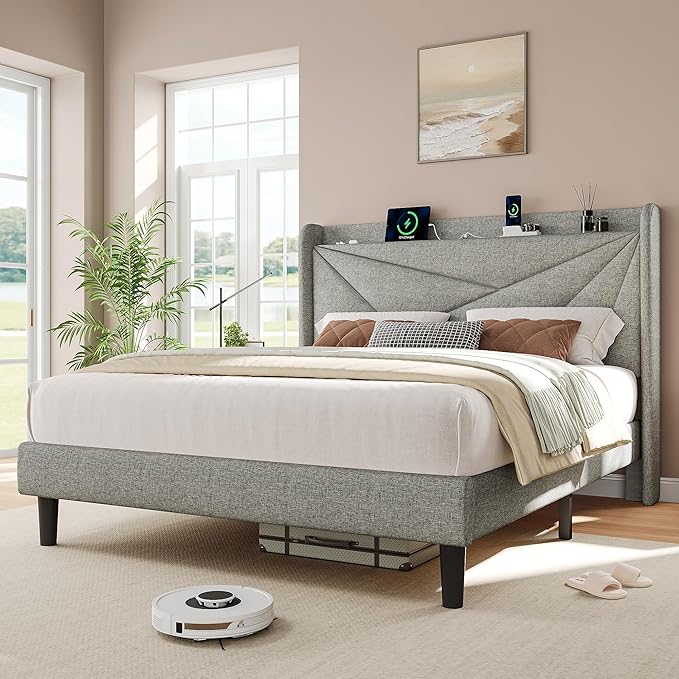 iPormis Full Size Bed Frame with Charging Station, Linen Platform Bed Frame with Wingback Headboard Upholstered Bedframe, Solid Wood Slats Support, No Box Spring Needed, Easy Assembly, Light Grey
