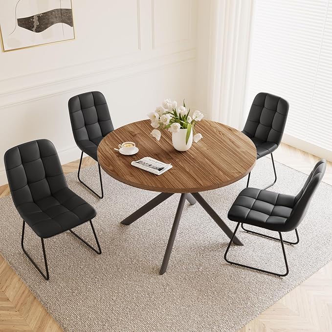 45.3 Inch Round Dining Table Set for 4, Mid Century Modern Small Coffee Set for Dining Room Kitchen Apartment (Light Walnut + 4 U-Shaped Black Chairs)