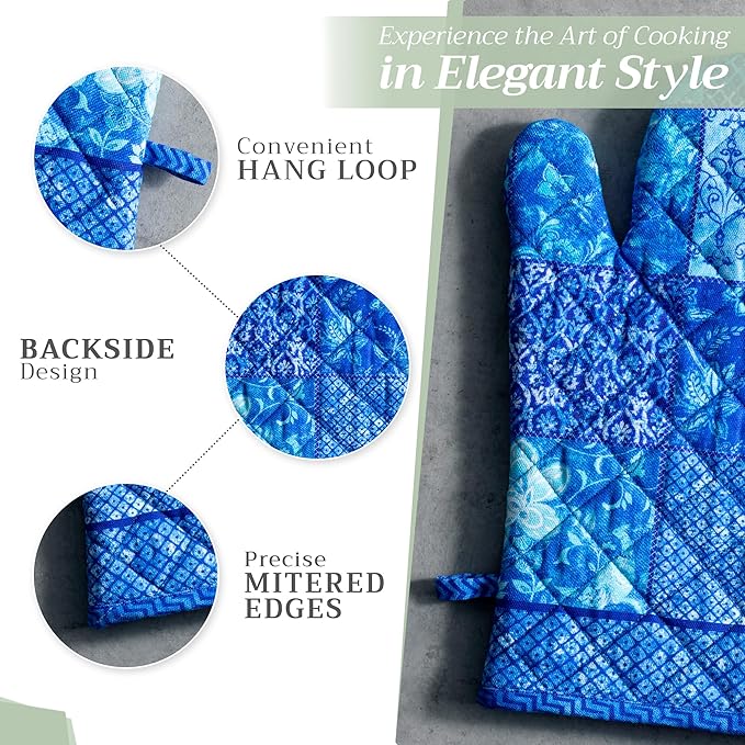 Maison d' Hermine Oven Gloves 100% Cotton Oven Mitt 7" x 13" with Loop Heat Resistant, BBQ, Cooking Gloves, Baking, Grilling, Kitchen, Handling Hot Pans Spring/Summer (Pack of 1, Indigo Love)