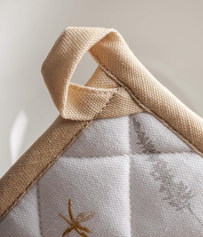 Maison d' Hermine Pot Holders 100% Cotton Heat Resistant Potholders 8" x 8" Hot Pads with Loop BBQ, Cooking, Grilling, Kitchen, Handling Hot Pans Spring/Summer (Pack of 1, Meadow Florals - Beige)