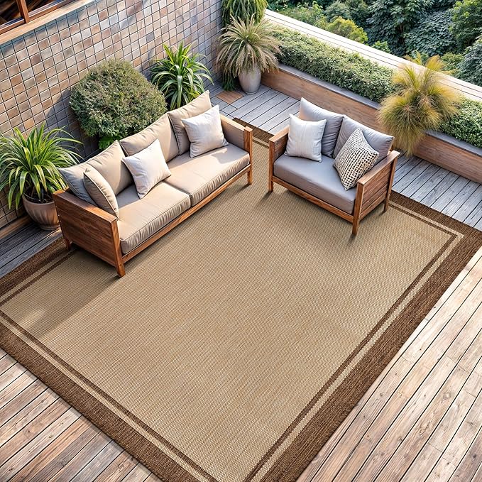 CAMILSON Indoor Outdoor Rug, 10x14 Bordered Natural Brown Modern Large Area Rugs for Indoor and Outdoor Patios, Kitchen and Hallway Mats, Washable Porch Deck Outside Carpet (Jute, 10 x 14)