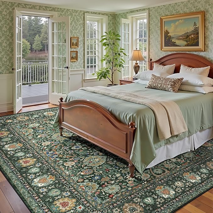 8x10 Vintage Rugs for Living Room, Washable Non Slip Large Area Rug for Bedroom Dining Room Office, Floor Decoration Big Carpet Low-Pile Kid & Pet Friendly Forest Green