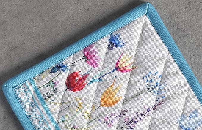 Maison d' Hermine Pot Holders 100% Cotton Heat Resistant Potholders 8" x 8" Hot Pads with Loop BBQ, Cooking, Baking, Grilling, Kitchen, Handling Hot Pans Spring/Summer (Pack of 1, Flower In The Field)