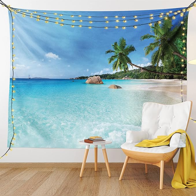 Ambesonne Ocean Tapestry, Anse Lazio Beach at Praslin Island Surfing Beach Scenic View Travel, Fabric Wall Hanging Decor for Bedroom Living Room Dorm, 23" X 28", Blue and Turquoise