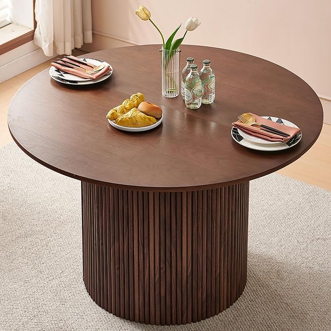 5 Piece 47-inch Round Dining Table Set for 4, Rustic Walnut Dinner Table with Upholstered Sherpa Dining Room Chairs Set, Engineered Wood Kitchen Table with Wood Strips Base