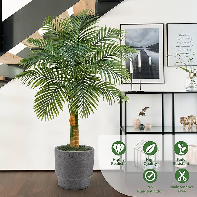 2PCS Artificial Palm Tree Indoor Plant 4FT Tall Fake Tropical Palm Tree in Pot with Real Bark Design Faux Areca Palm Tree for Home Office Living Room Bedroom Farmhouse Outdoor Decor (Black, 4FT-2PCs)